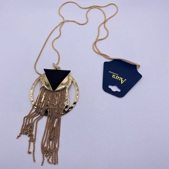 Aura Black Gold Tone Large Pendant Fringe Necklace 26” New - Picture 1 of 4
